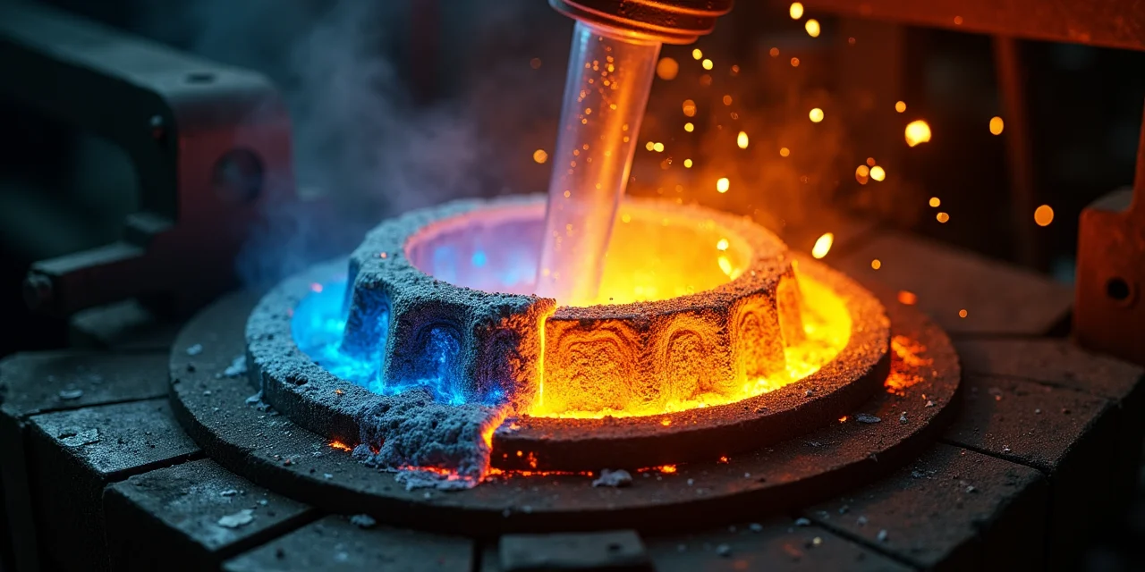 Molten metal poured into a precision mold transitioning from liquid to crystalline solid, representing the shift from fluid LLM inference to rigid compiled code