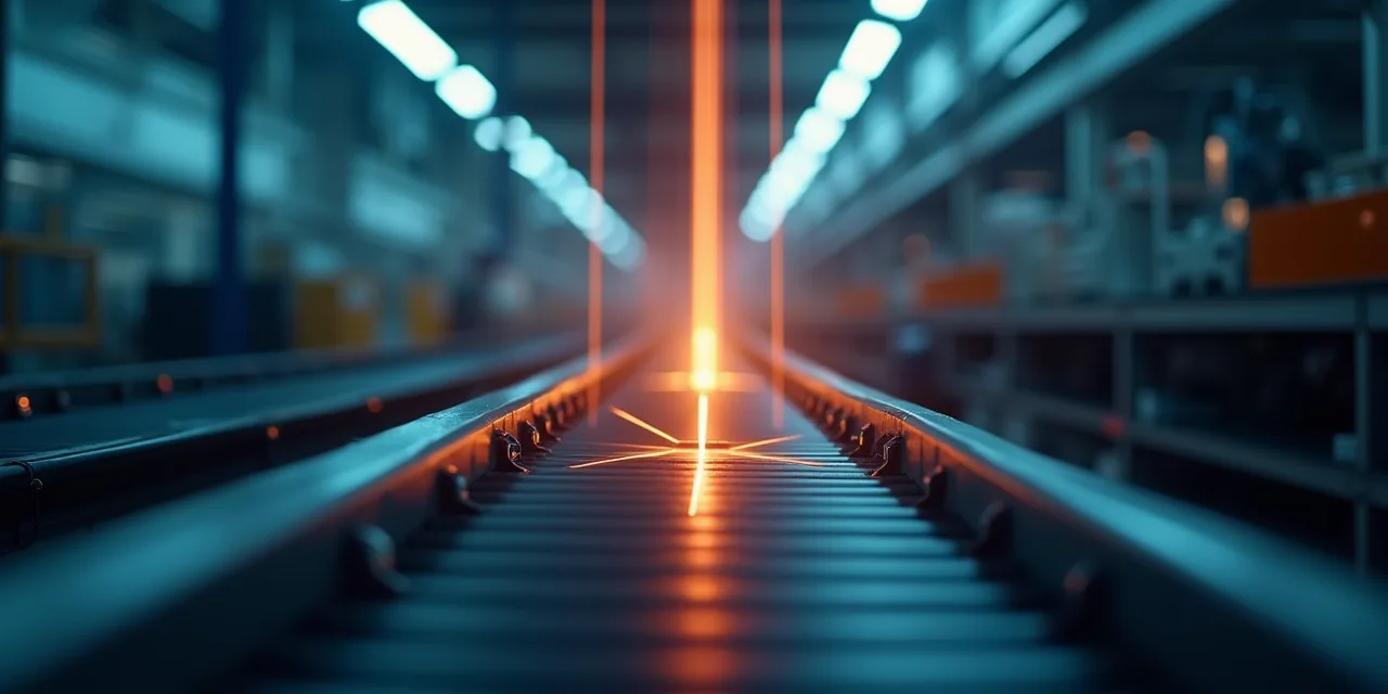 A factory conveyor belt with overhead laser scanners converging on a single defective component mid-line, tracing fault backward along glowing amber tracking lines.