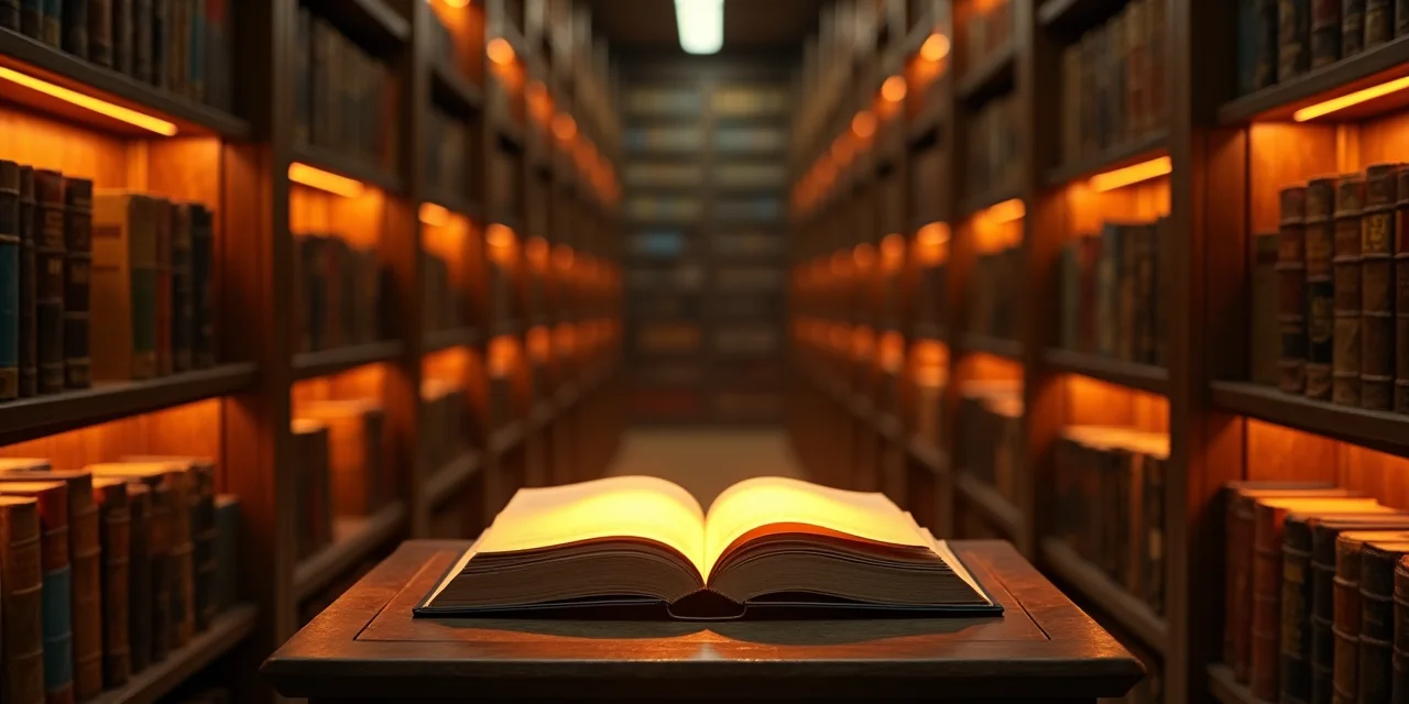 An illuminated open volume on a reading stand with glowing cross-reference threads linking to surrounding library shelves, symbolizing a compounding knowledge wiki.