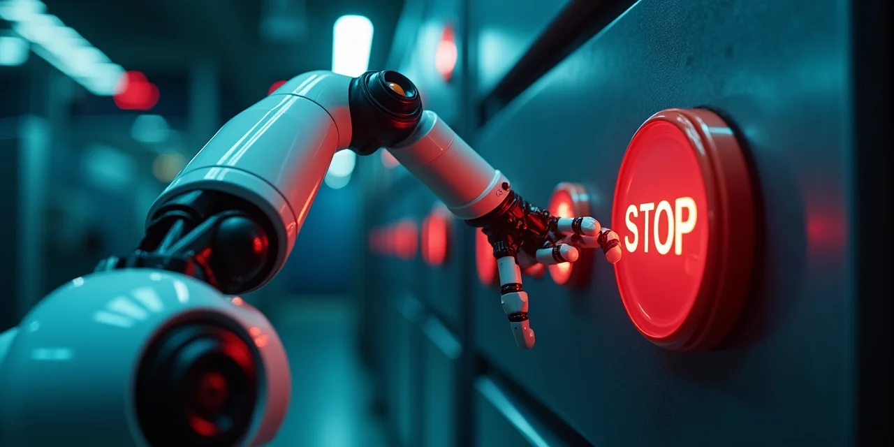 A robotic arm reaching toward an emergency stop button where a human hand already rests, representing the human-in-the-loop control that saves autonomous agent systems