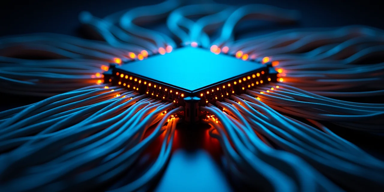 A central network hub with glowing fiber optic cables radiating outward to multiple devices, representing OpenClaw as a gateway between messaging platforms and AI