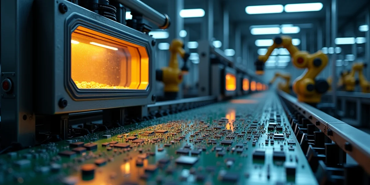 An automated factory floor with robotic arms assembling circuit boards in darkness, a single observation window glowing with warm amber light above